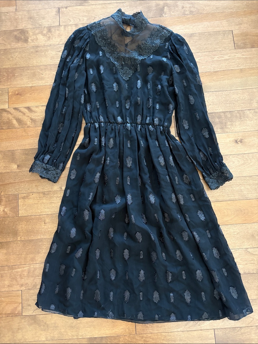 Vintage Black Long-Sleeve Lace Yoke Midi Dress